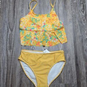 Girls Babydoll Floral Print Midkini Tankini Swimsuit Yellow NEW